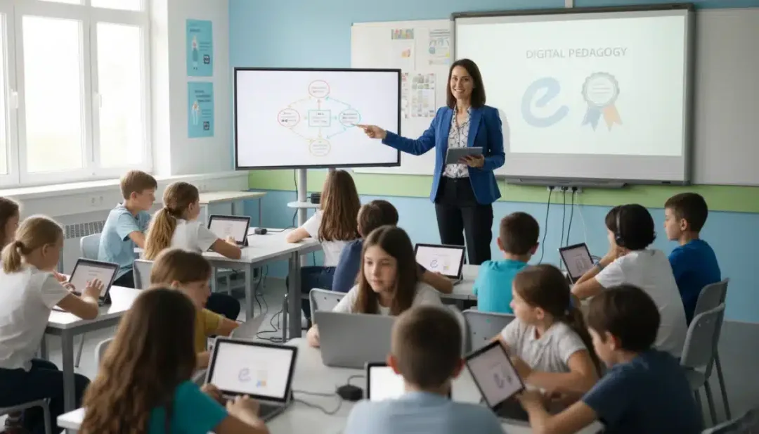 Maestra utilizando tecnología digital en el aula para mejorar la experiencia de aprendizaje de sus alumnos.