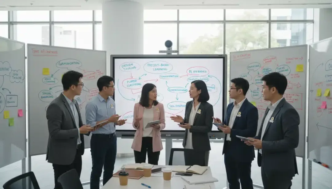 Educadores colaborando en metodologías de enseñanza innovadoras para el desarrollo profesional continuo.