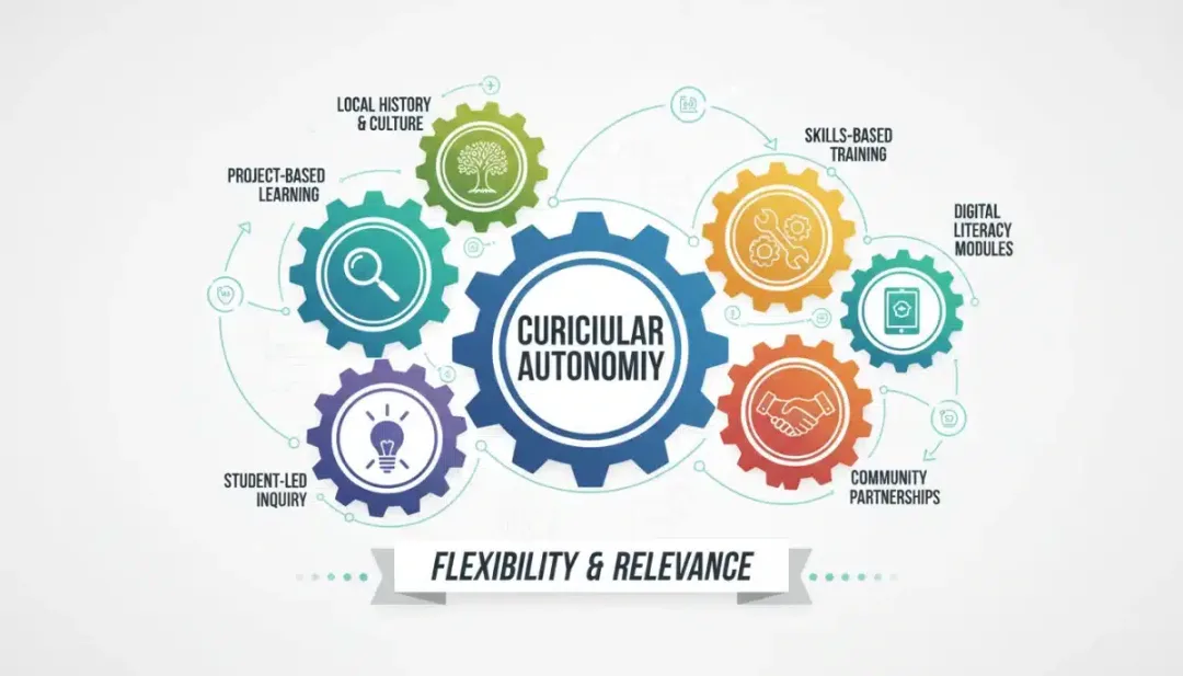 Infografía sobre autonomía curricular en México, mostrando flexibilidad y adaptación en los planes de estudio.