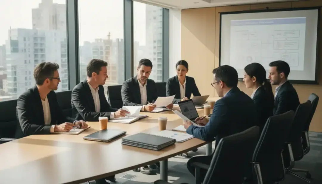 Educadores y formuladores de políticas debatiendo estrategias para la implementación de políticas de inclusión educativa en una sala de reuniones.