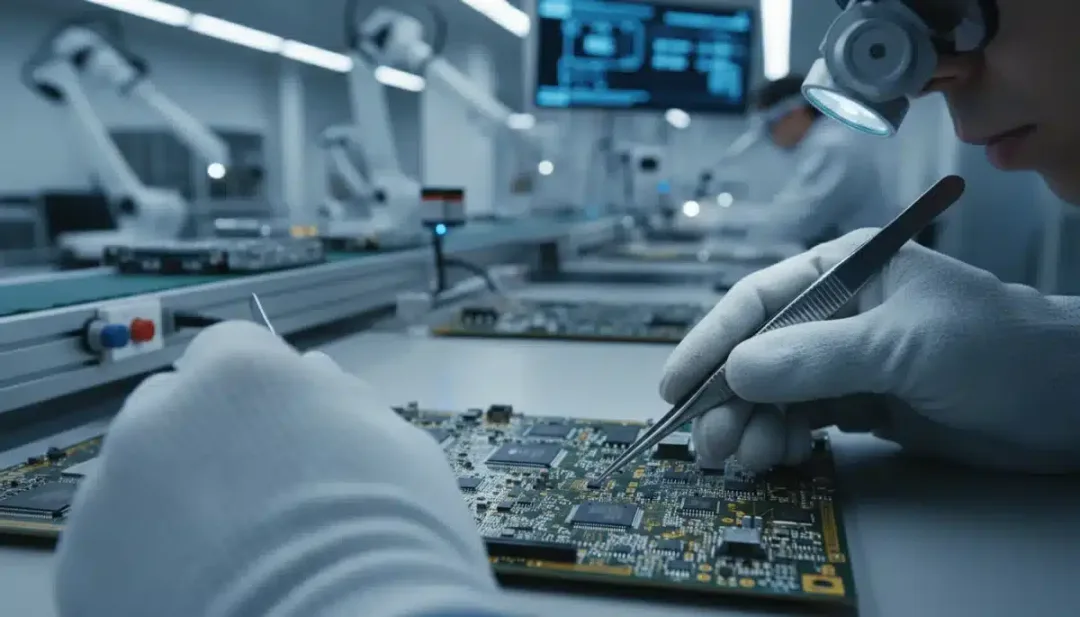 Manos de técnico trabajando en una placa de circuito, representando la manufactura avanzada y habilidades técnicas precisas.
