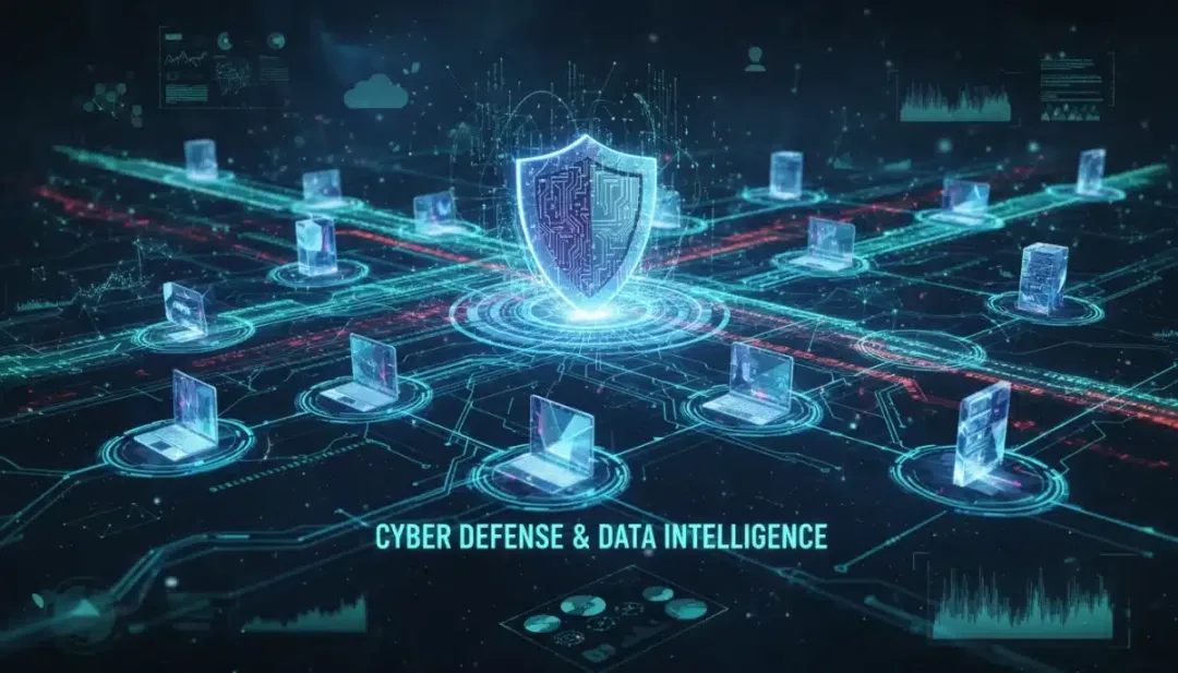 Gráfico de red digital interconectada con flujo de datos, ilustrando ciberseguridad y ciencia de datos.