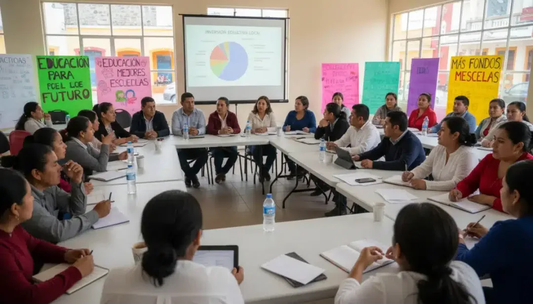Padres y maestros discutiendo el impacto del financiamiento educativo en la comunidad escolar.