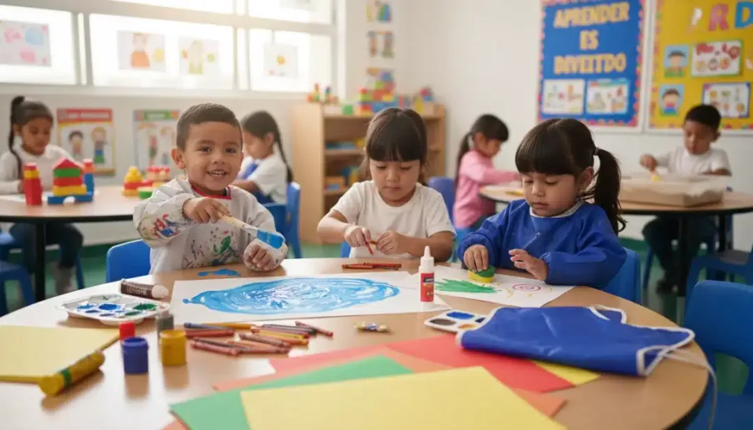 Niños mexicanos colaborando en proyecto artístico en educación inicial
