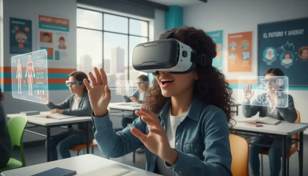 Estudiante mexicano explorando realidad virtual en clase