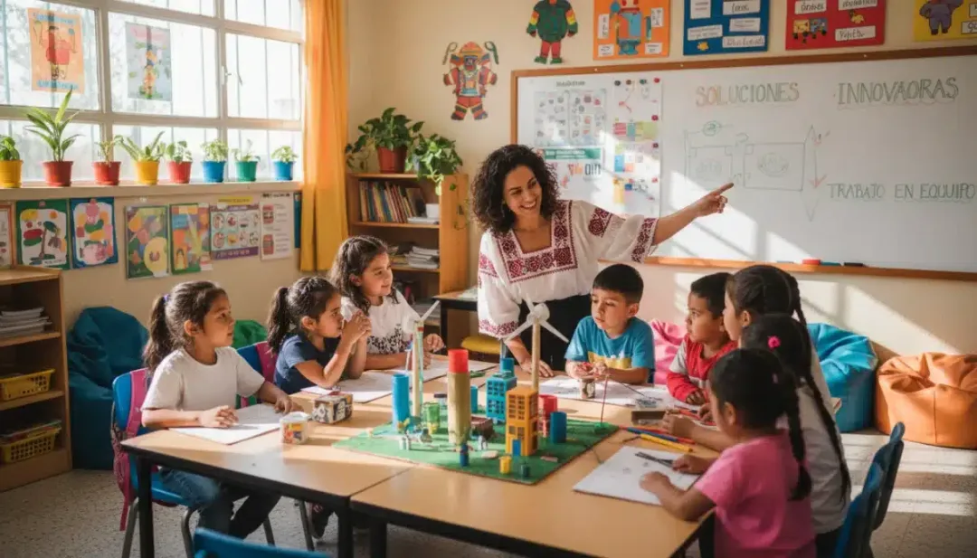 Maestra mexicana fomentando el aprendizaje colaborativo y la innovación en el aula.