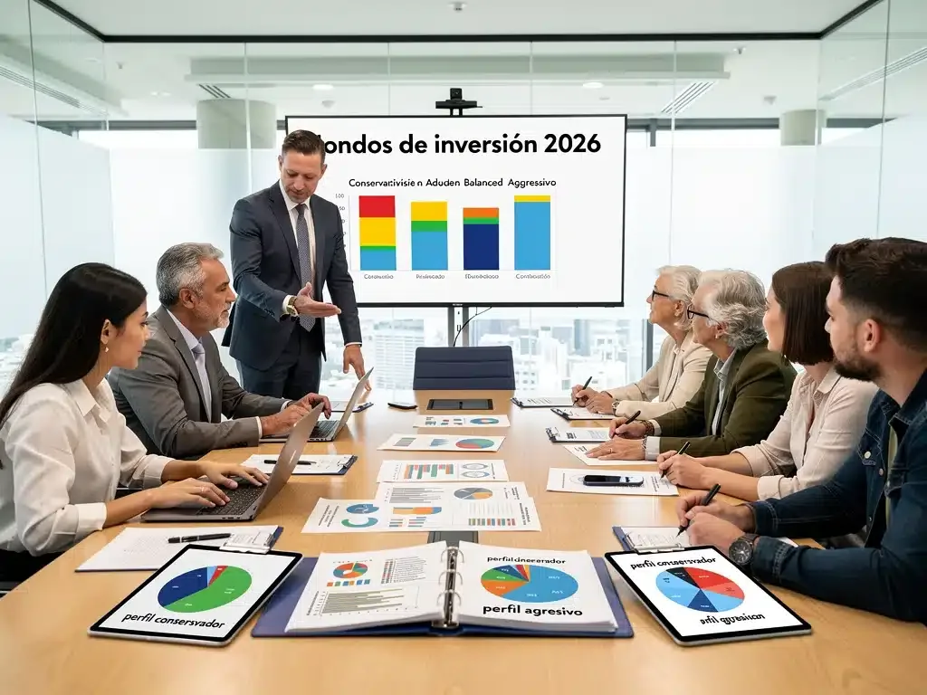 Grupo diverso discutiendo estrategias de inversión para Fondos de Inversión 2026, representando distintos perfiles de riesgo.