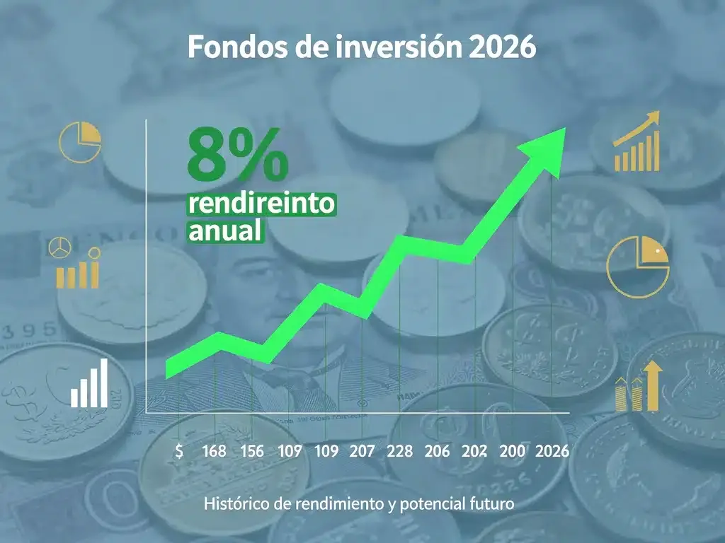 Gráfico de rendimientos históricos del 8% para Fondos de Inversión 2026, con monedas mexicanas.