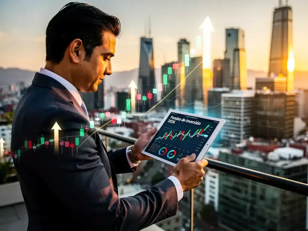 Inversionista analizando datos financieros para Fondos de Inversión 2026 en México, con un rascacielos de la Ciudad de México de fondo.
