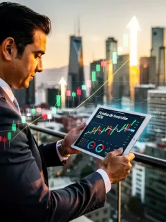 Inversionista analizando datos financieros para Fondos de Inversión 2026 en México, con un rascacielos de la Ciudad de México de fondo.
