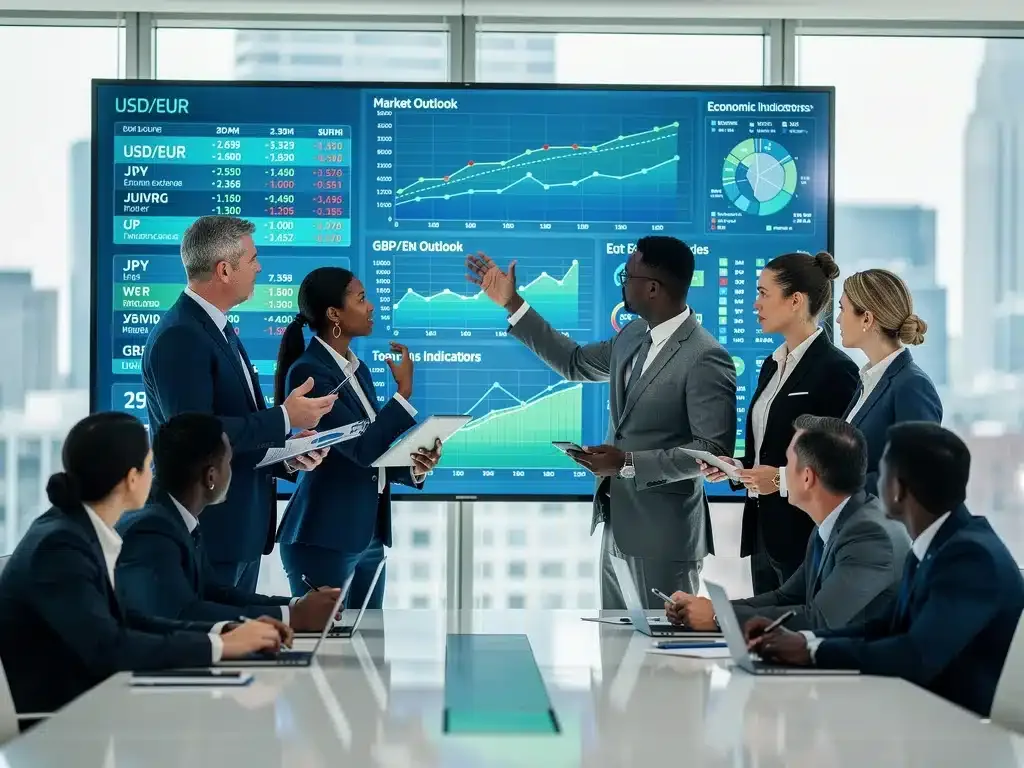 Profesionales analizando gráficos de tipo de cambio y datos económicos en una pantalla grande, representando análisis del mercado de divisas para 2026.