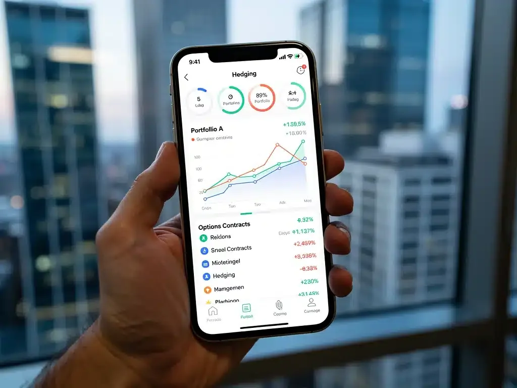 Mano sosteniendo un smartphone con aplicación financiera mostrando opciones de cobertura y portafolios de inversión, con un paisaje urbano de fondo.