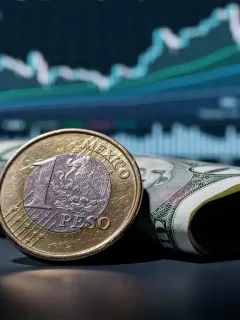 Monedas de peso mexicano y dólar americano superpuestas con gráficos financieros de fondo, simbolizando el mercado de divisas 2026 y sus proyecciones.