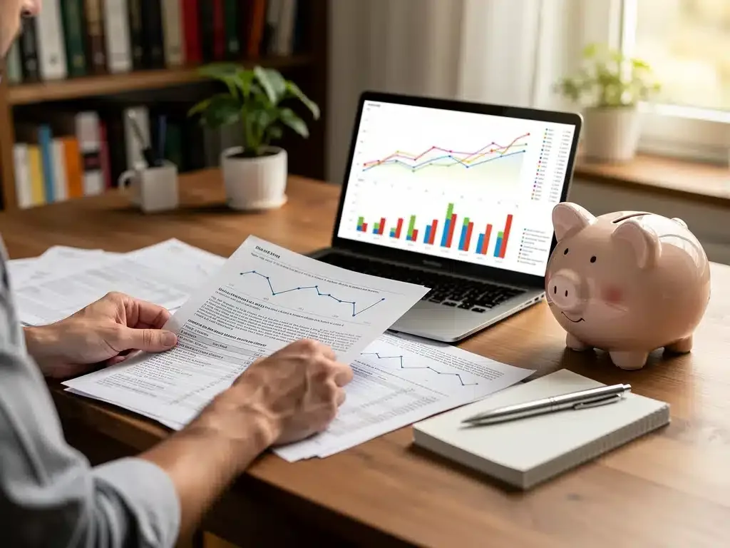 Persona revisando documentos financieros y gráficos económicos en una computadora, planificando su presupuesto personal frente a la inflación.