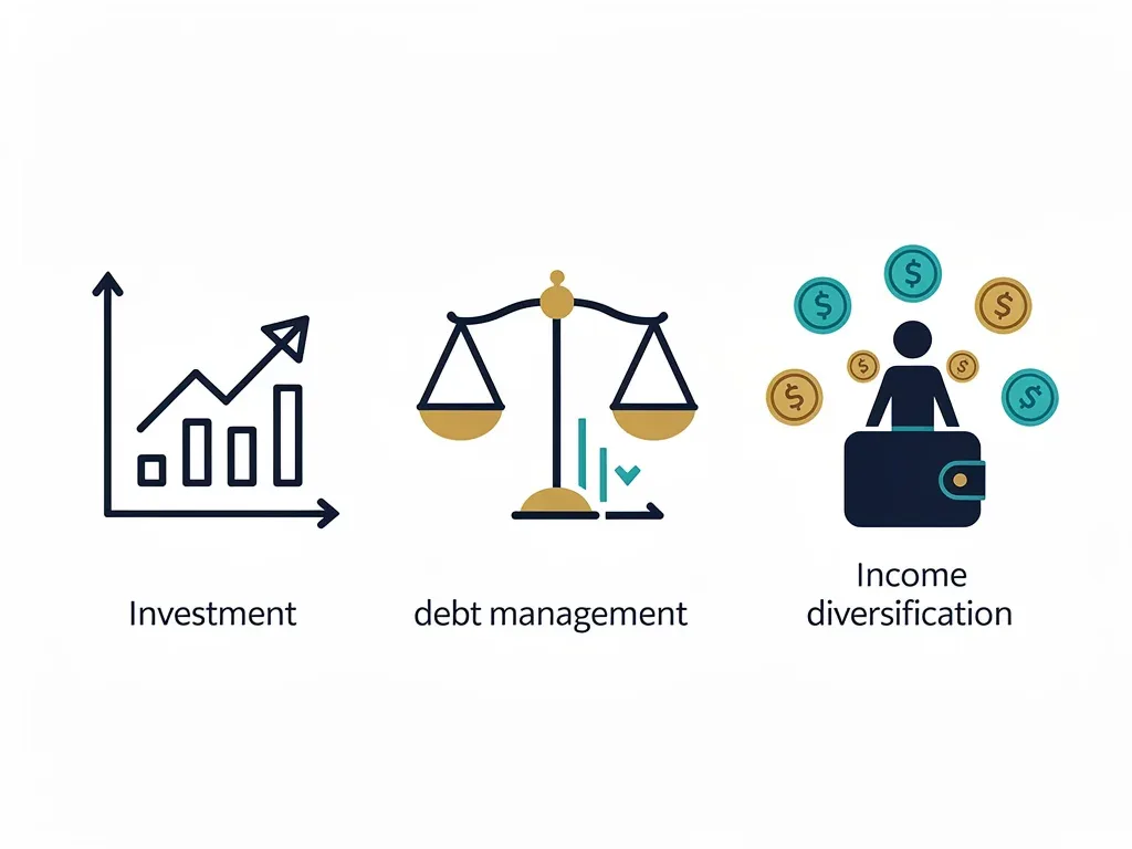 Íconos de estrategias financieras: inversión, gestión de deuda y diversificación de ingresos, acciones clave contra la inflación.