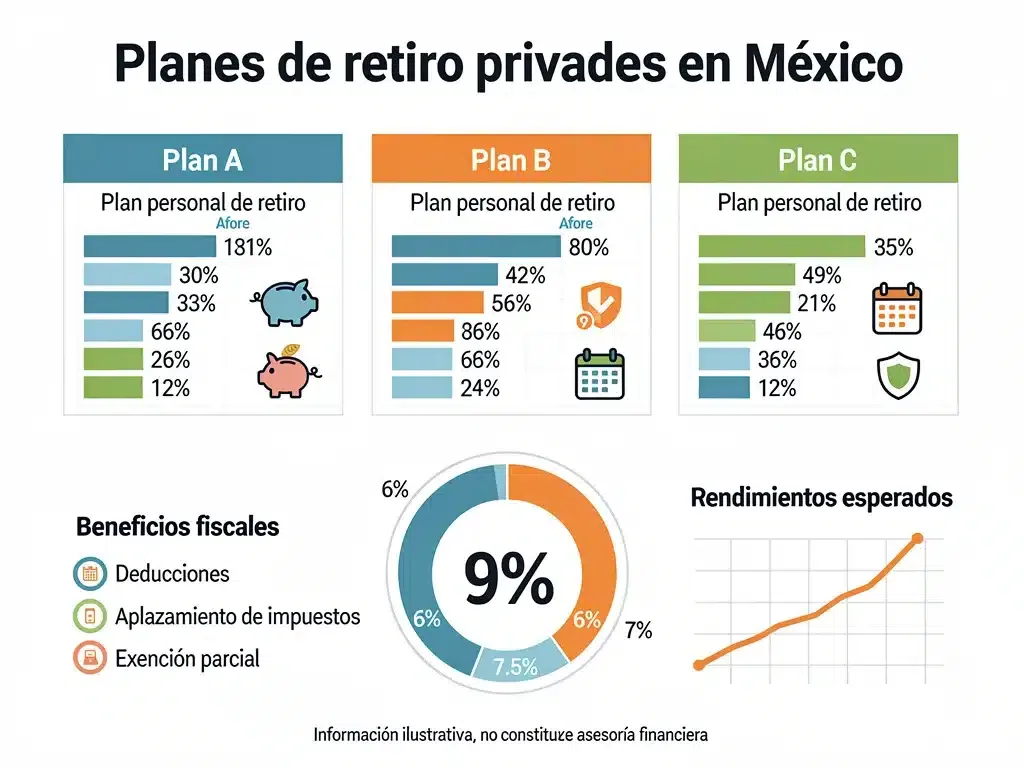 Infografía comparativa de planes de retiro privados 2026 en México con beneficios fiscales y rendimientos.