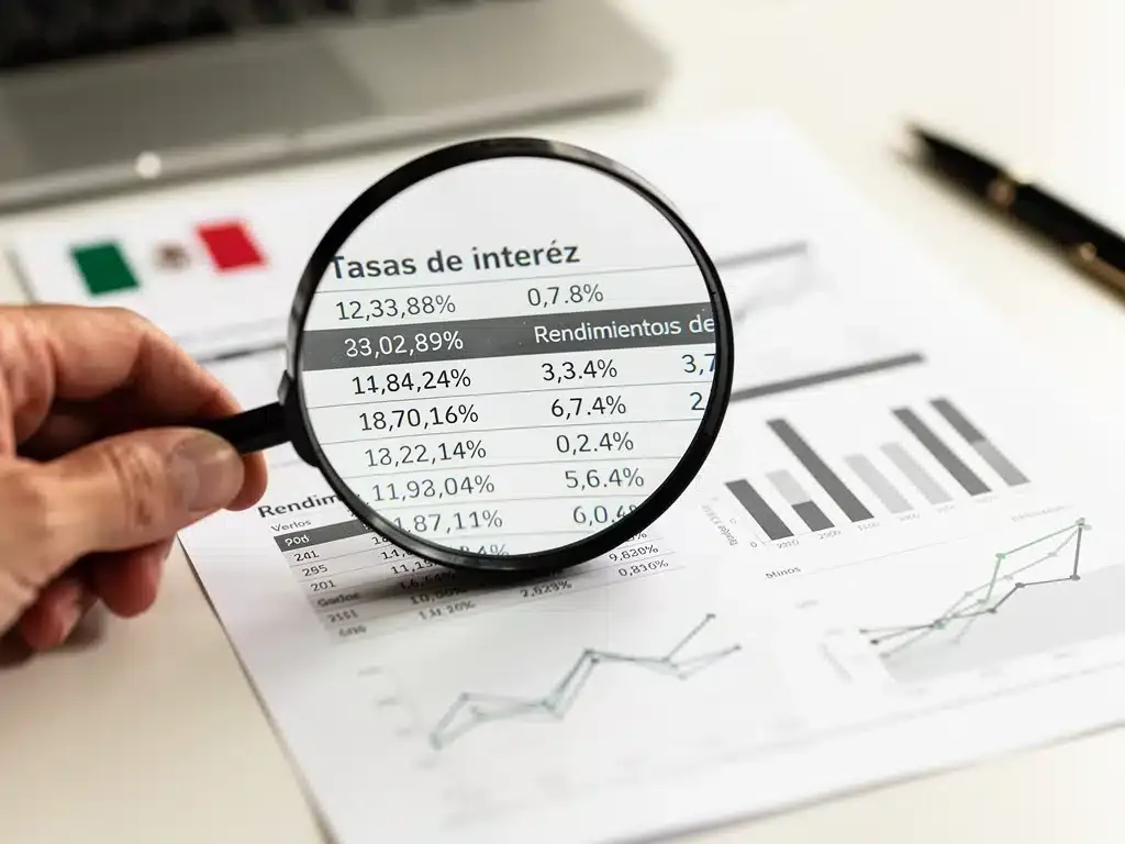 Mano con lupa examinando tasas de interés y rendimientos de bonos en un documento financiero.