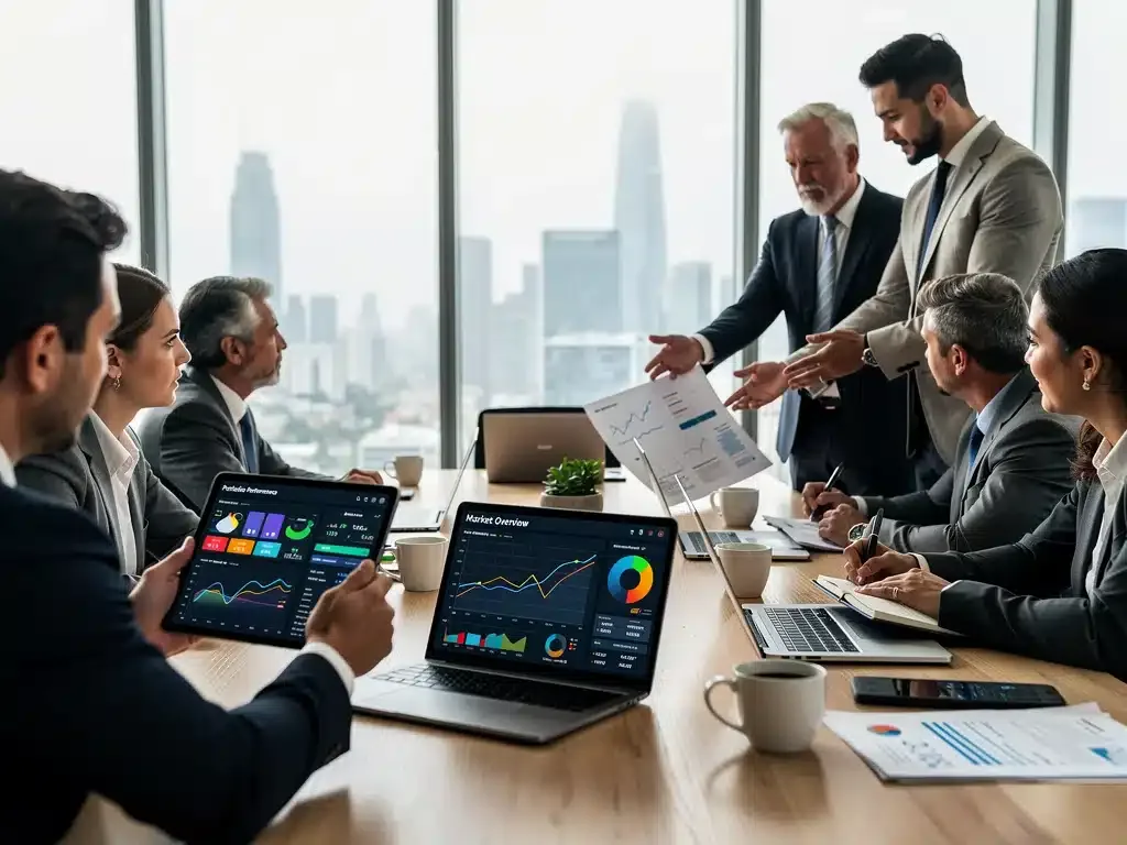 Inversionistas analizando datos financieros y discutiendo estrategias en un entorno de oficina moderno.
