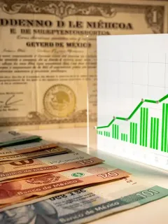 Billetes de pesos mexicanos y gráfico financiero, representando la inversión en bonos de gobierno.