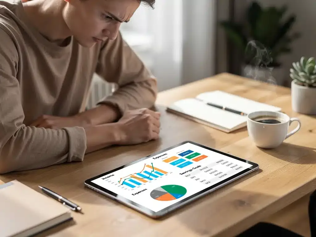 Persona revisando presupuesto y plan financiero en tablet, enfocada en la gestión de sus finanzas personales.