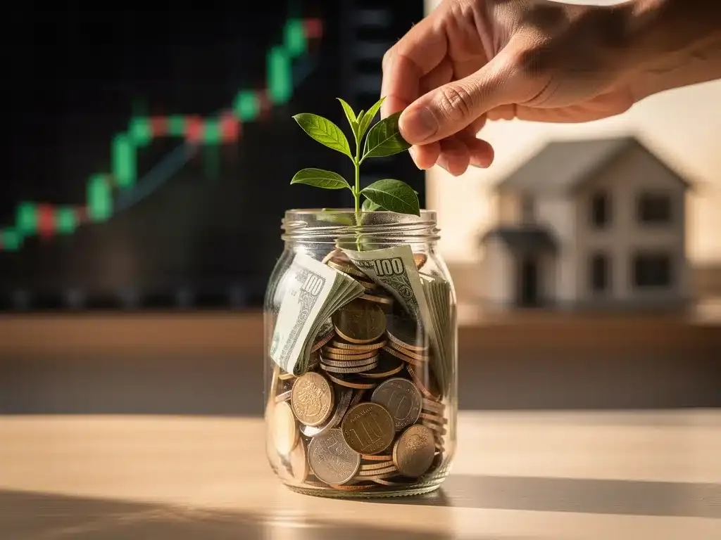 Mano plantando una pequeña planta en un frasco con monedas y billetes, simbolizando el crecimiento de las inversiones y el patrimonio.