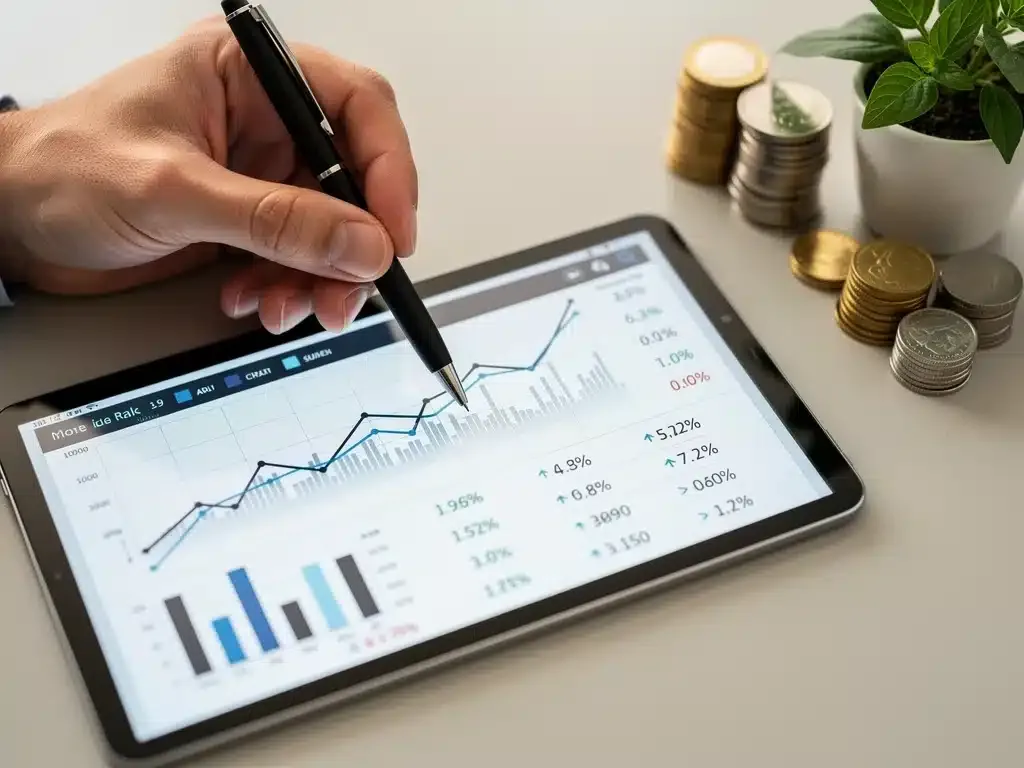 Mano analizando gráficas financieras en una tablet, con monedas y una planta, representando el estudio de tasas de interés de microcréditos.