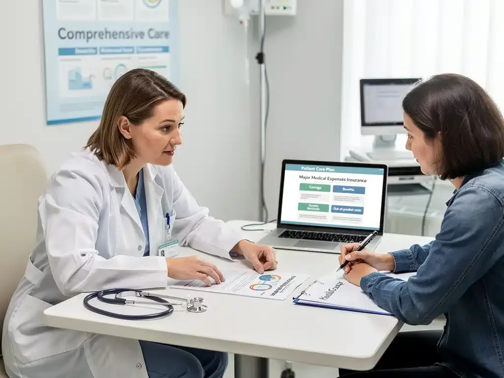 Médico explicando un plan de gastos médicos mayores a un paciente en un entorno hospitalario moderno, resaltando la importancia de la cobertura.