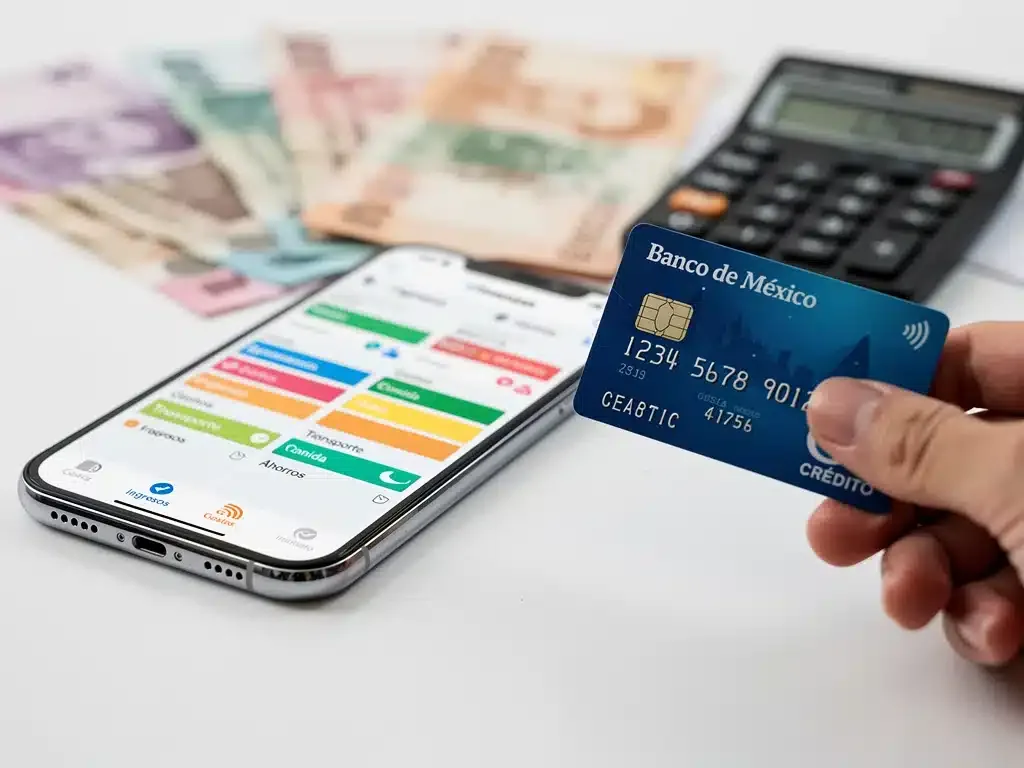 Aplicación de presupuesto familiar digital en un smartphone mostrando gastos e ingresos, con una tarjeta de crédito.