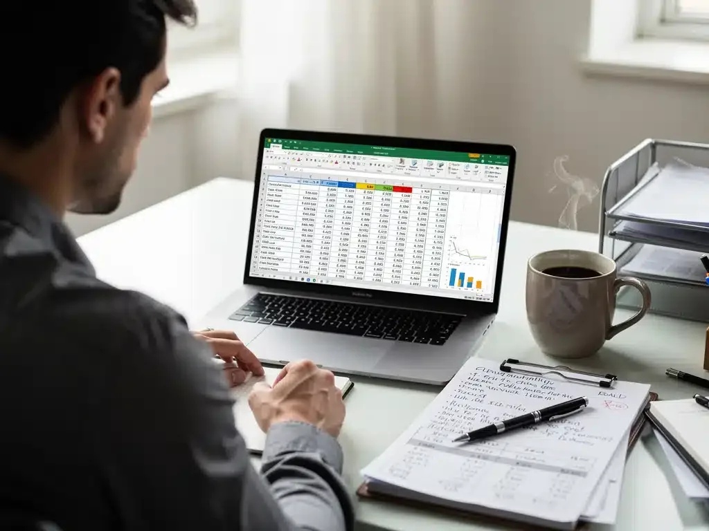 Persona analizando datos financieros en una laptop con una hoja de cálculo para el control del presupuesto familiar digital.