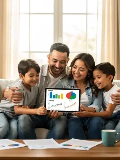 Familia mexicana usando tablet para gestionar su presupuesto familiar digital en 2026, con gráficos de ahorro en pantalla.