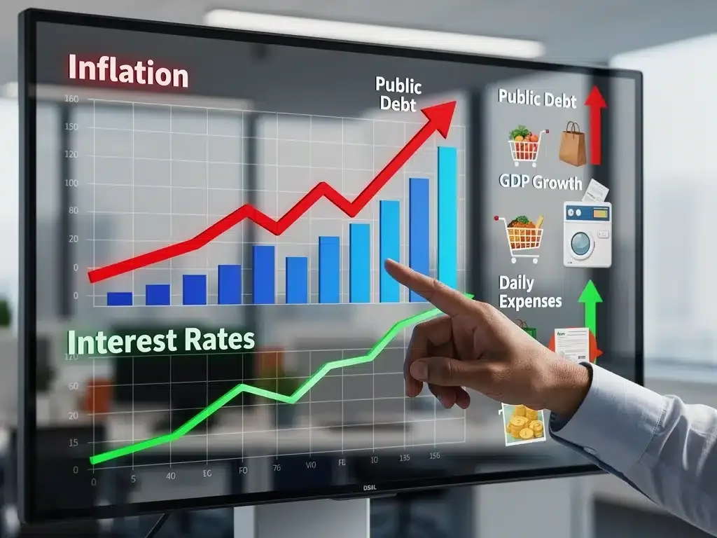 Gráficos de indicadores económicos como inflación y tasas de interés, con una mano señalando el aumento de la inflación, ilustrando el impacto de la deuda.