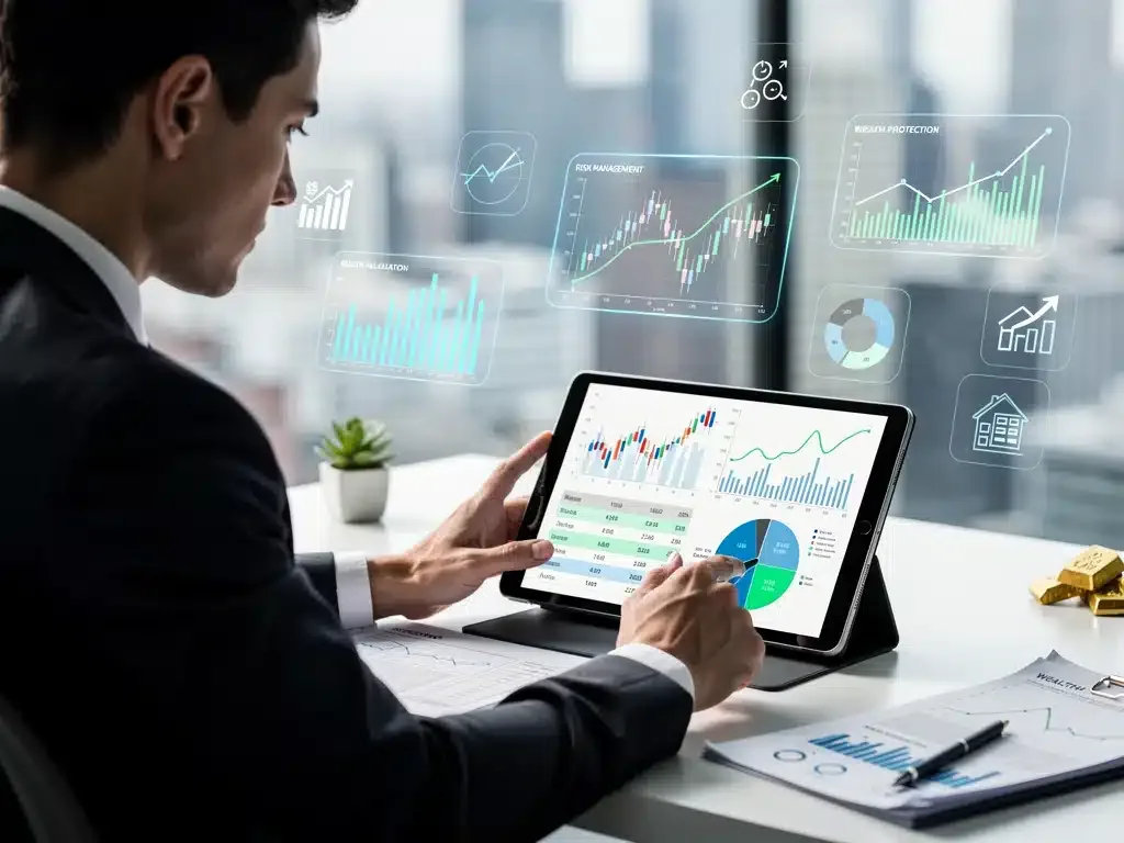 Persona analizando documentos financieros y portafolios de inversión en una tablet, representando la planificación y protección patrimonial.