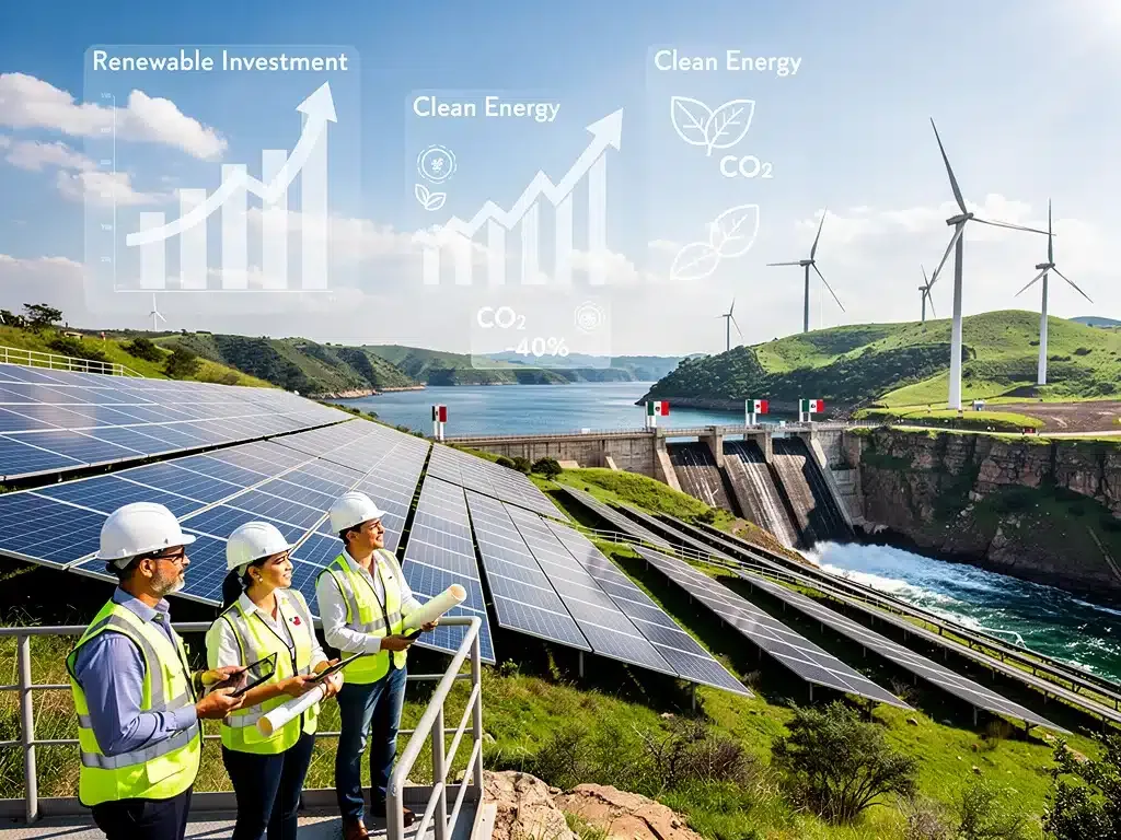 Infografía sobre el crecimiento de las energías renovables en México, destacando inversiones y sostenibilidad.