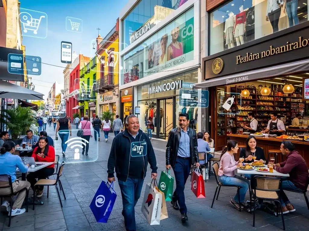 Escena urbana de consumidores mexicanos, ilustrando el dinamismo del sector de consumo discrecional y su impacto económico.