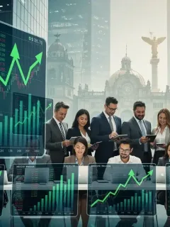 Gráficos financieros que representan el crecimiento del Mercado de valores mexicano 2026, con proyecciones positivas en un entorno digital.