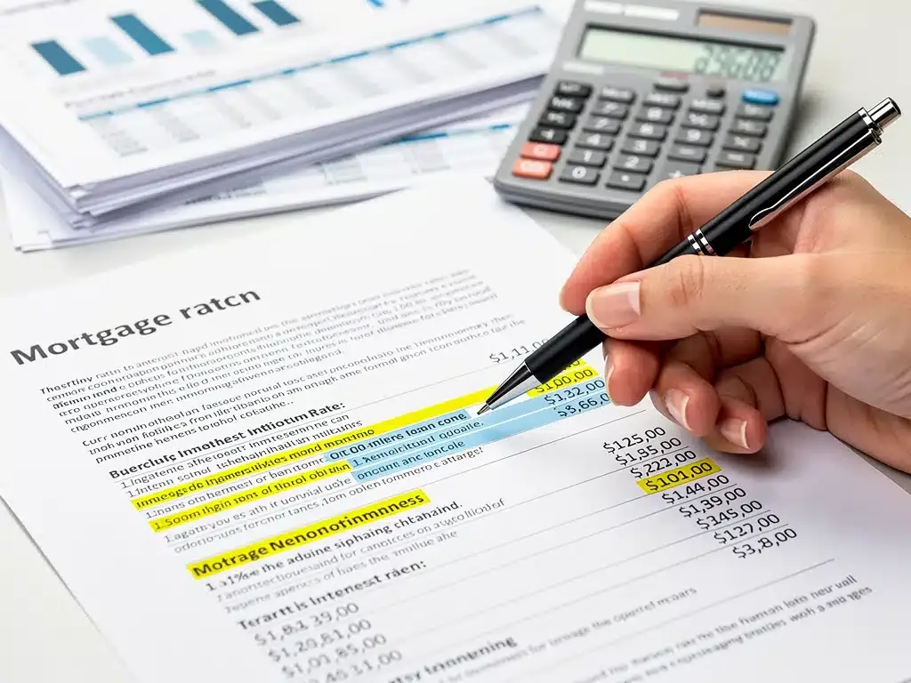 Mano señalando cláusulas de contrato hipotecario y tasas de interés.