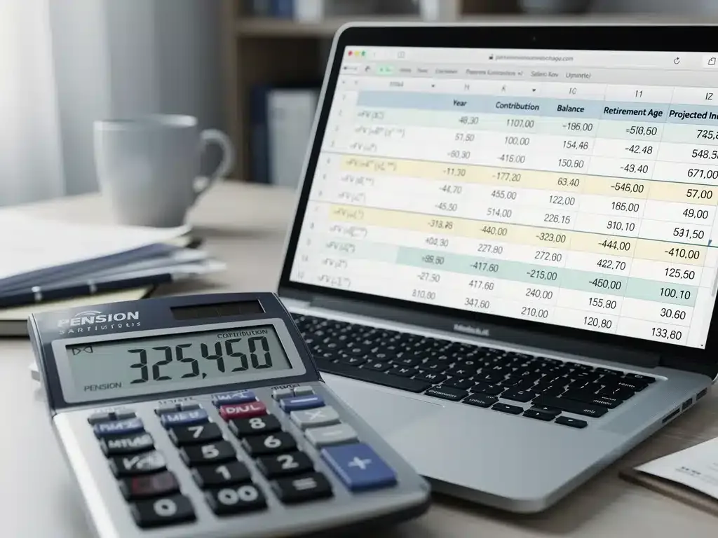 Calculadora financiera mostrando proyecciones de ahorro y tablas de cotización para pensiones IMSS e ISSSTE.
