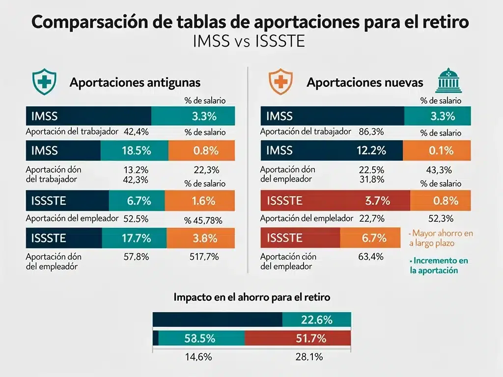 Infografía comparativa de las tablas de cotización de pensiones IMSS e ISSSTE, mostrando cambios y su impacto.