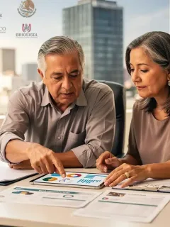 Pareja mexicana de 55 años revisando estrategias de ahorro para sus Pensiones IMSS e ISSSTE 2026 en una tablet.