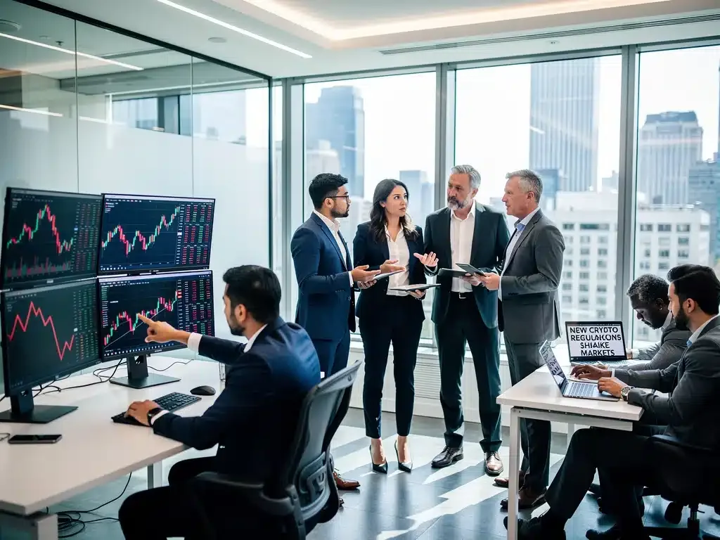 Inversores analizando gráficos de criptomonedas y discutiendo el impacto de la nueva regulación en México.