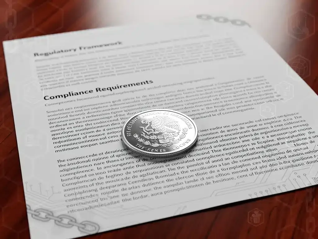 Documento legal con símbolos de blockchain y una moneda de peso mexicano, representando el marco legal de las criptomonedas.