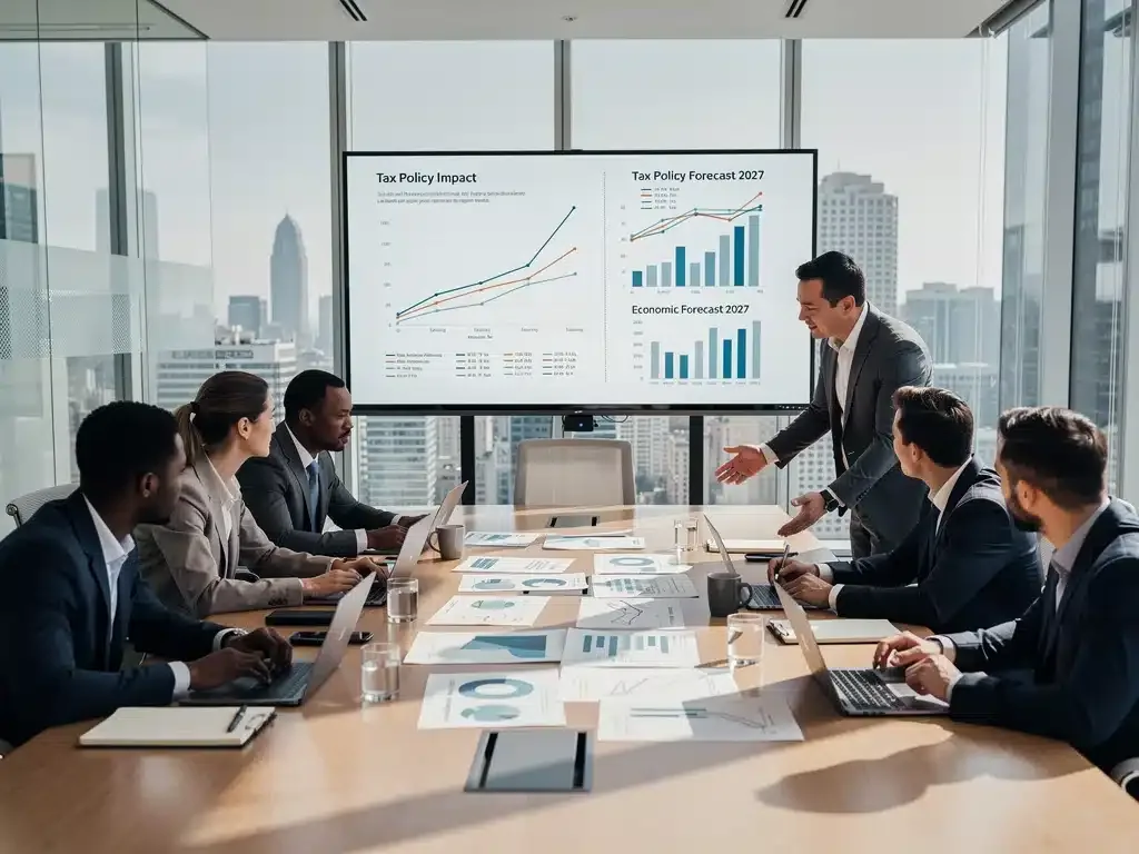 Profesionales discutiendo proyecciones fiscales y estrategias de cumplimiento para la Reforma Fiscal 2026 en México.