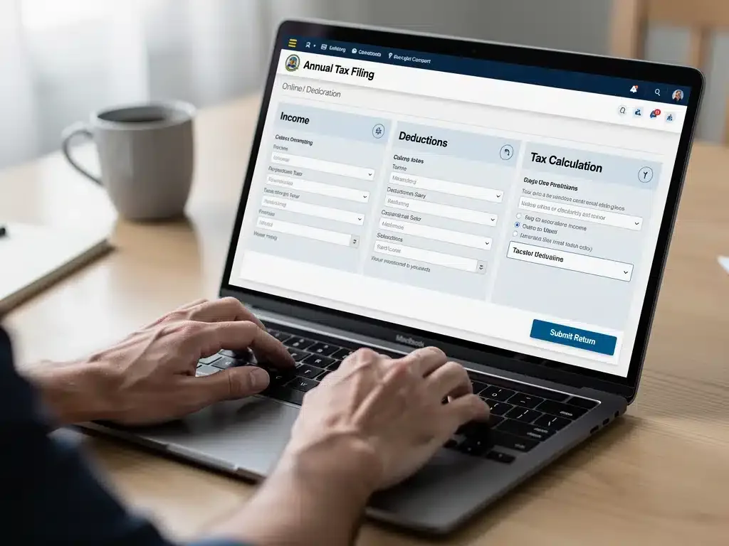 Persona completando su declaración anual de impuestos en línea, destacando la digitalización de procesos fiscales en México.