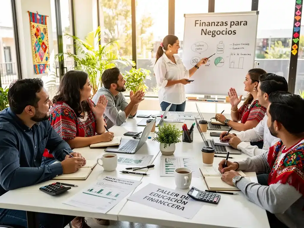 Pequeños empresarios mexicanos en taller de educación financiera, discutiendo estrategias para acceder a microcréditos.