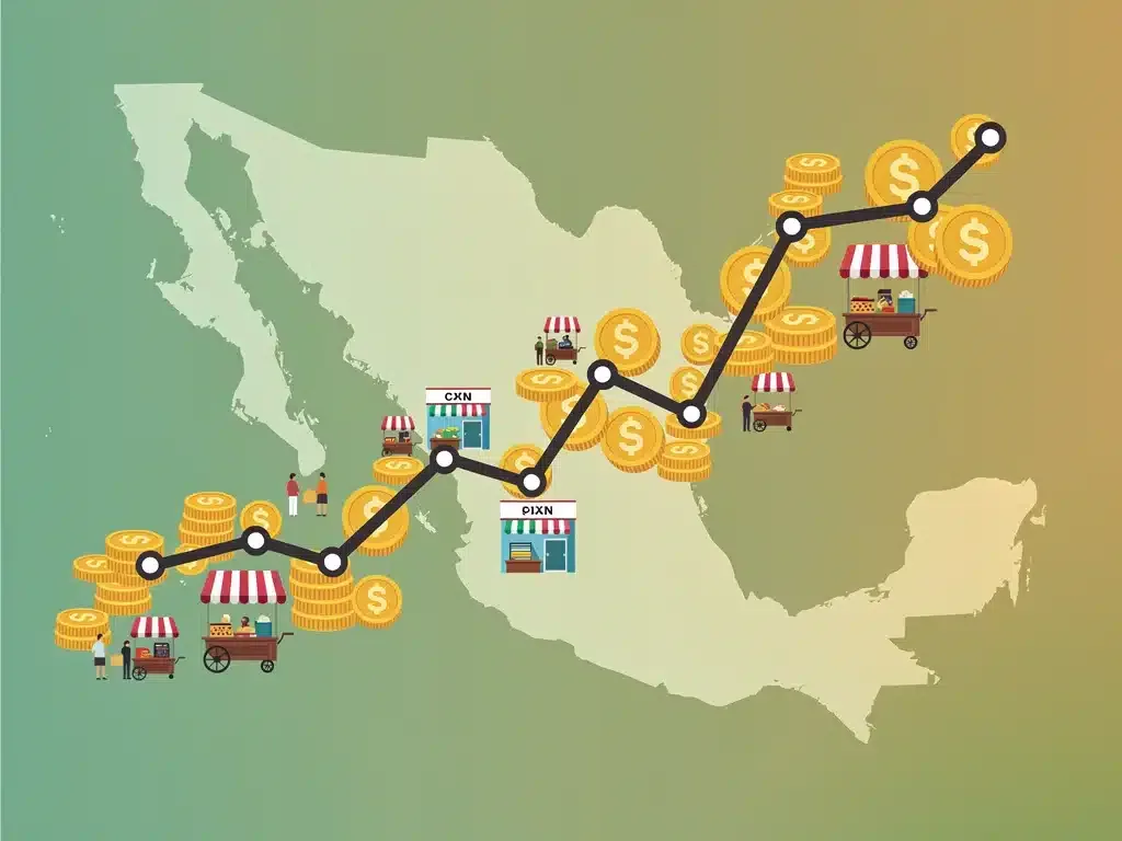 Gráfico de crecimiento económico con monedas y pesos, representando el flujo de microcréditos en el sector de pequeños negocios en México.