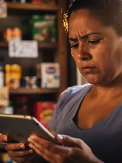 Mujer empresaria mexicana revisando finanzas en tableta, simbolizando el desafío de los microcréditos para pequeños negocios.
