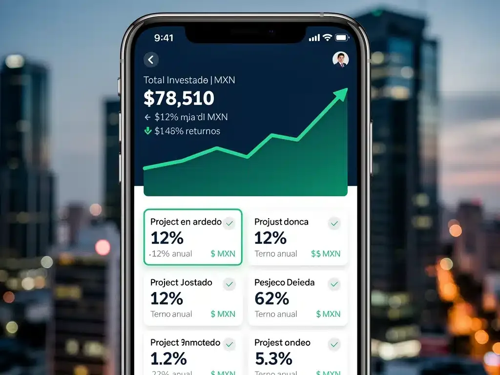 Interfaz de plataforma P2P en un smartphone mostrando opciones de inversión y rendimientos, con un fondo de ciudad moderna.