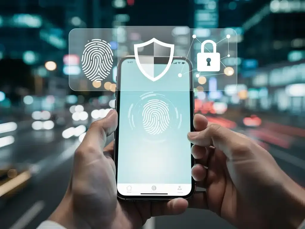 Usuario realizando transacciones bancarias móviles con símbolos de seguridad digital, destacando la importancia de la ciberseguridad.