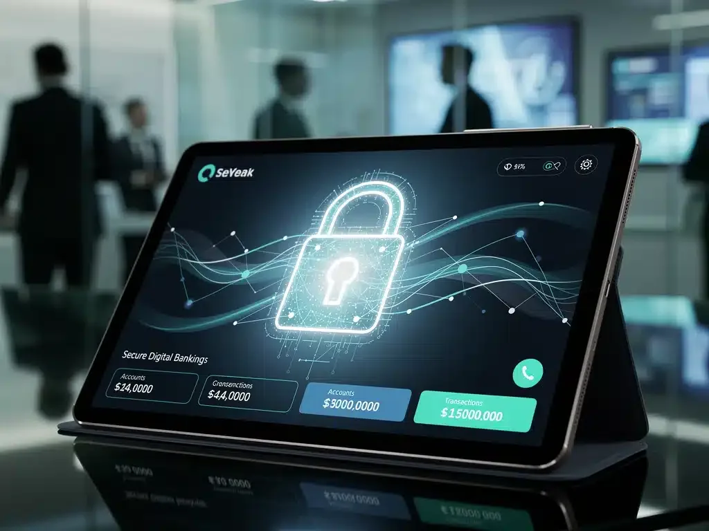 Interfaz segura de banca digital en una tablet con un candado, simbolizando la digitalización bancaria y la seguridad en 2026.