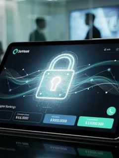 Interfaz segura de banca digital en una tablet con un candado, simbolizando la digitalización bancaria y la seguridad en 2026.
